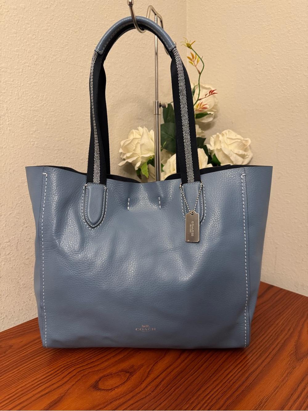 Coach Blue Leather Tote with Navy Striped Handles - Picture 8 of 16